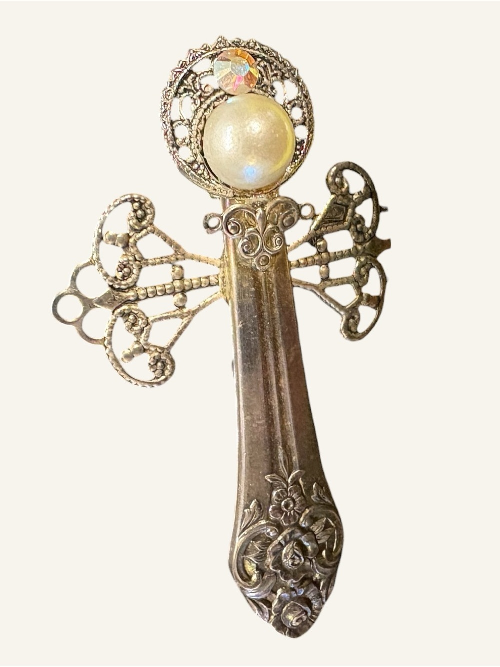 Vintage Upcycled Silverware Handle & Rhinestone Brooch Pin OOAK Artisan Jewelry